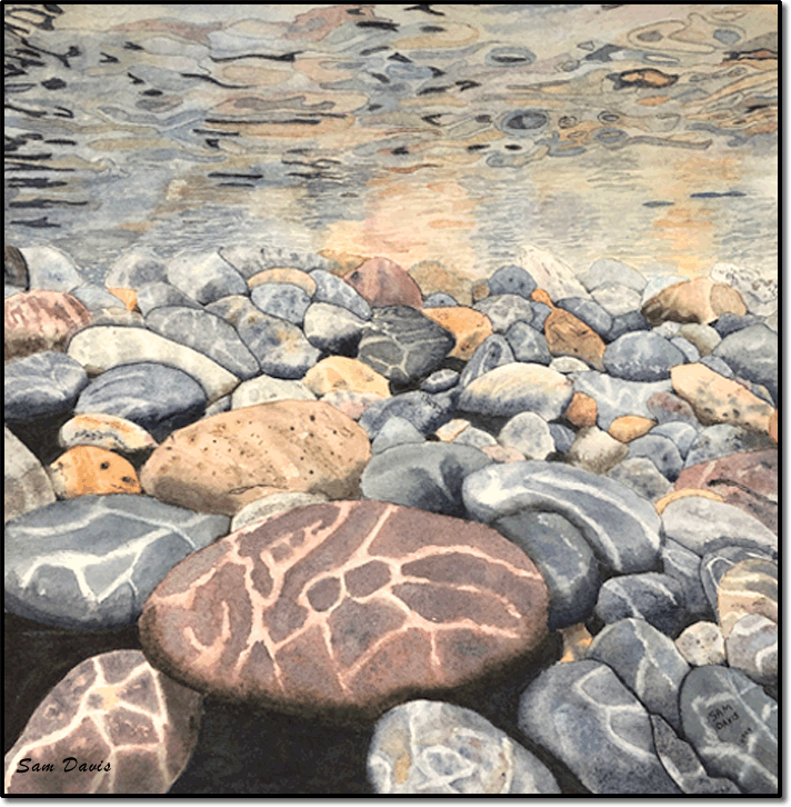 Rocks Underwater at Lake Superior, watercolor painting by Sam Davis, 2024.